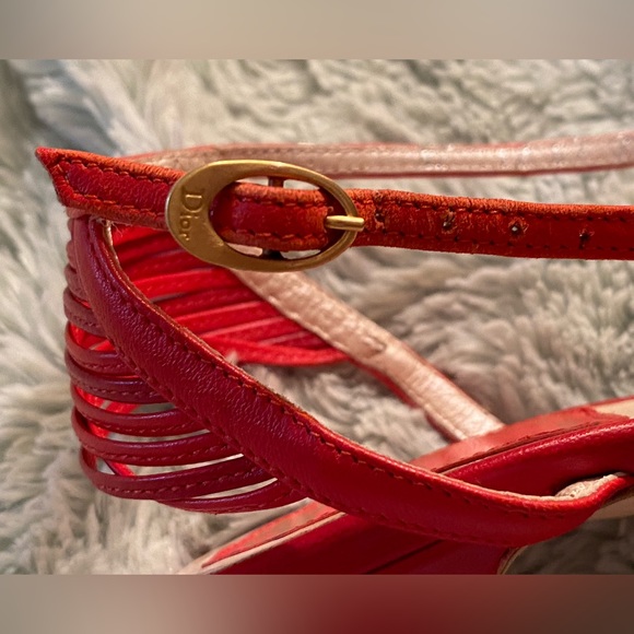 DIOR strappy Red Sandals with Grommet Detail and Gold Embossed Buckle - Picture 14 of 16